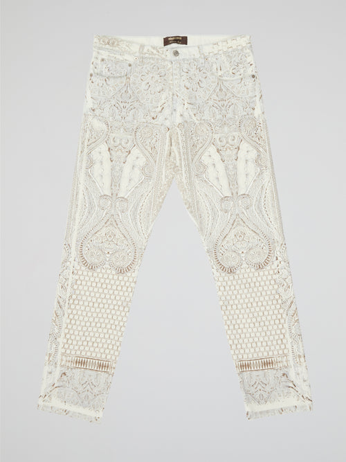 White Intricate Lace-Embroidered Slim Fit Trousers