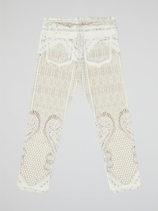 White Intricate Lace-Embroidered Slim Fit Trousers