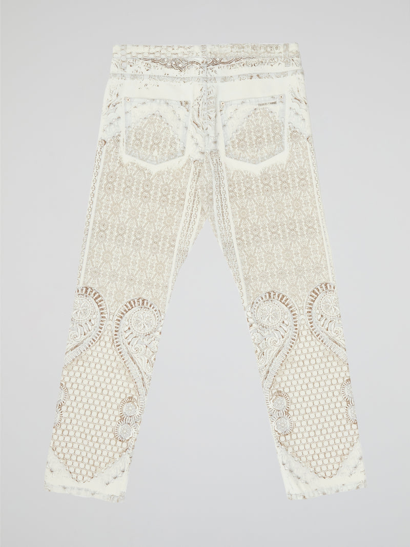 White Intricate Lace-Embroidered Slim Fit Trousers