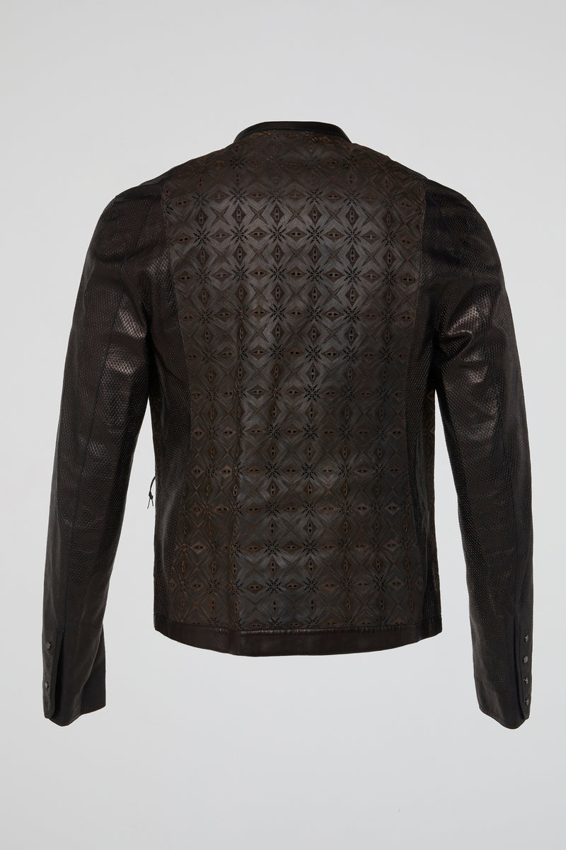 Brown Ornate Embossed Leather Jacket