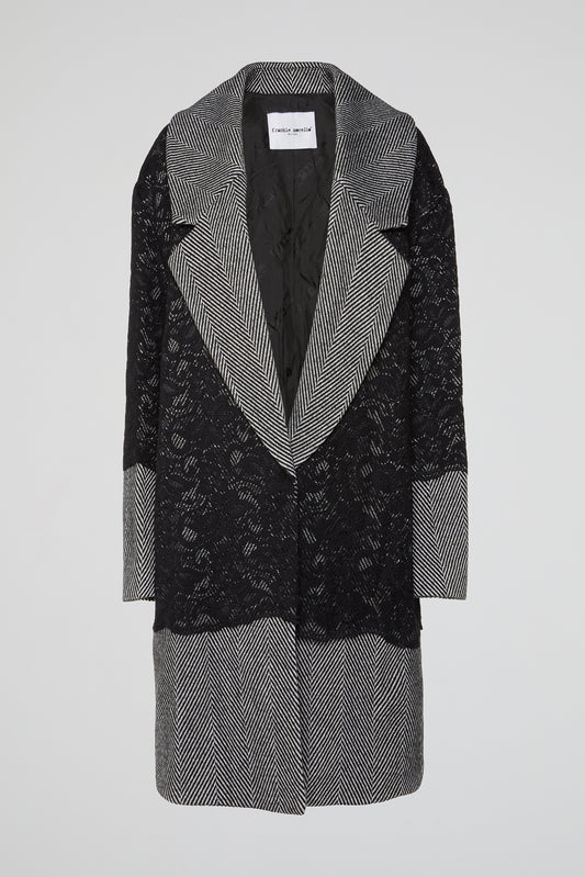 Black Herringbone & Lace Trench Coat