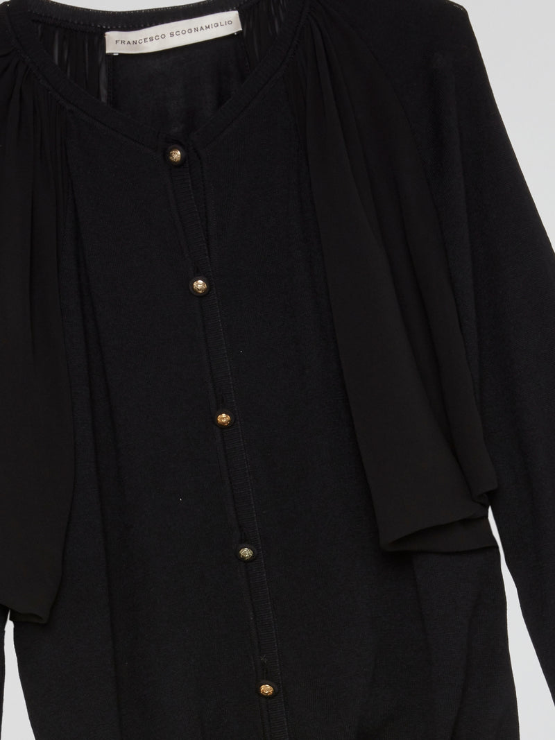 Black Draped Button-Up Cardigan