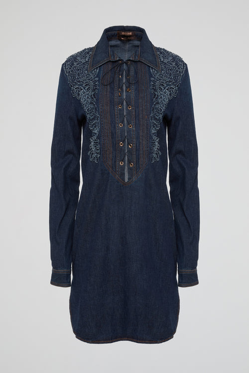 Navy Western Charm Embroidered Denim Tunic Dress