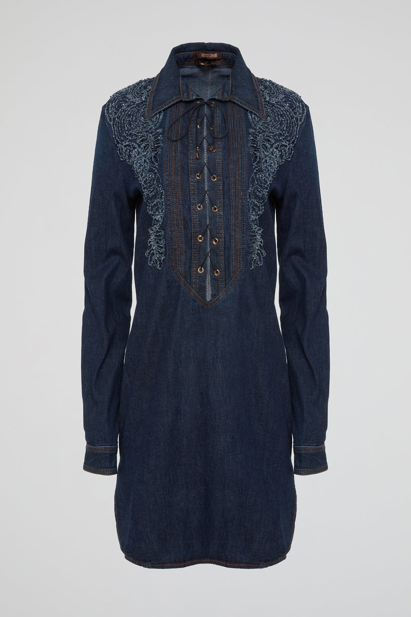 Navy Western Charm Embroidered Denim Tunic Dress