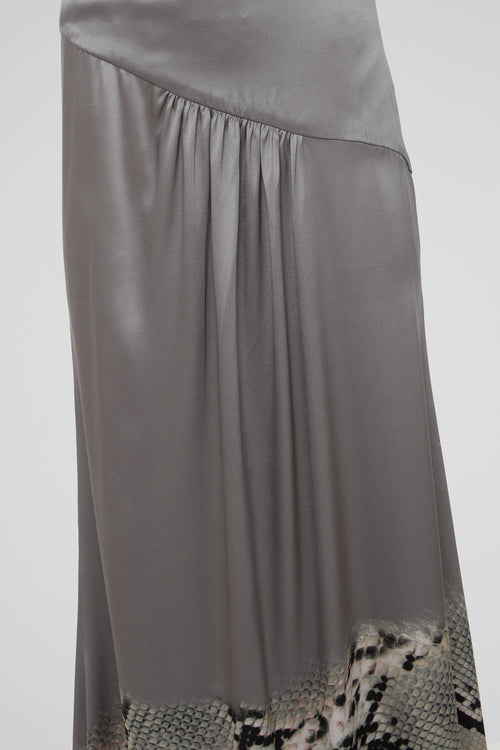 Silver Satin Snakeskin Print Maxi Skirt