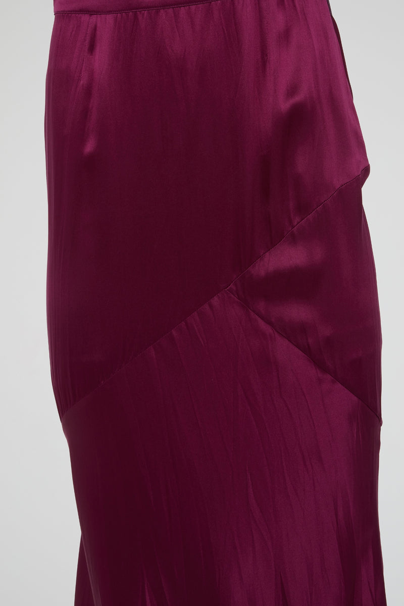 Burgundy Satin Maxi Skirt with Asymmetrical Detailing