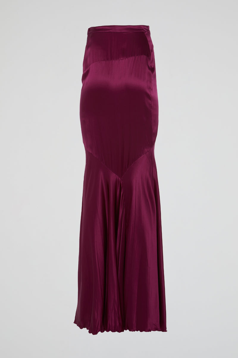 Burgundy Satin Maxi Skirt with Asymmetrical Detailing