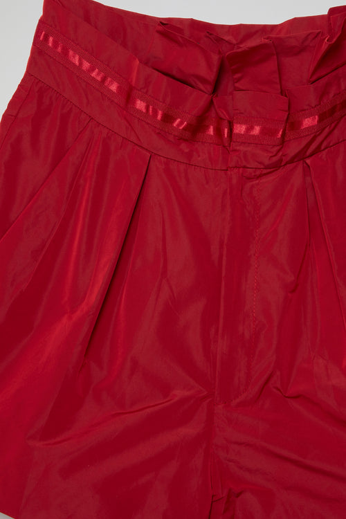 Red Satin High-Waisted Shorts with Bow Detail