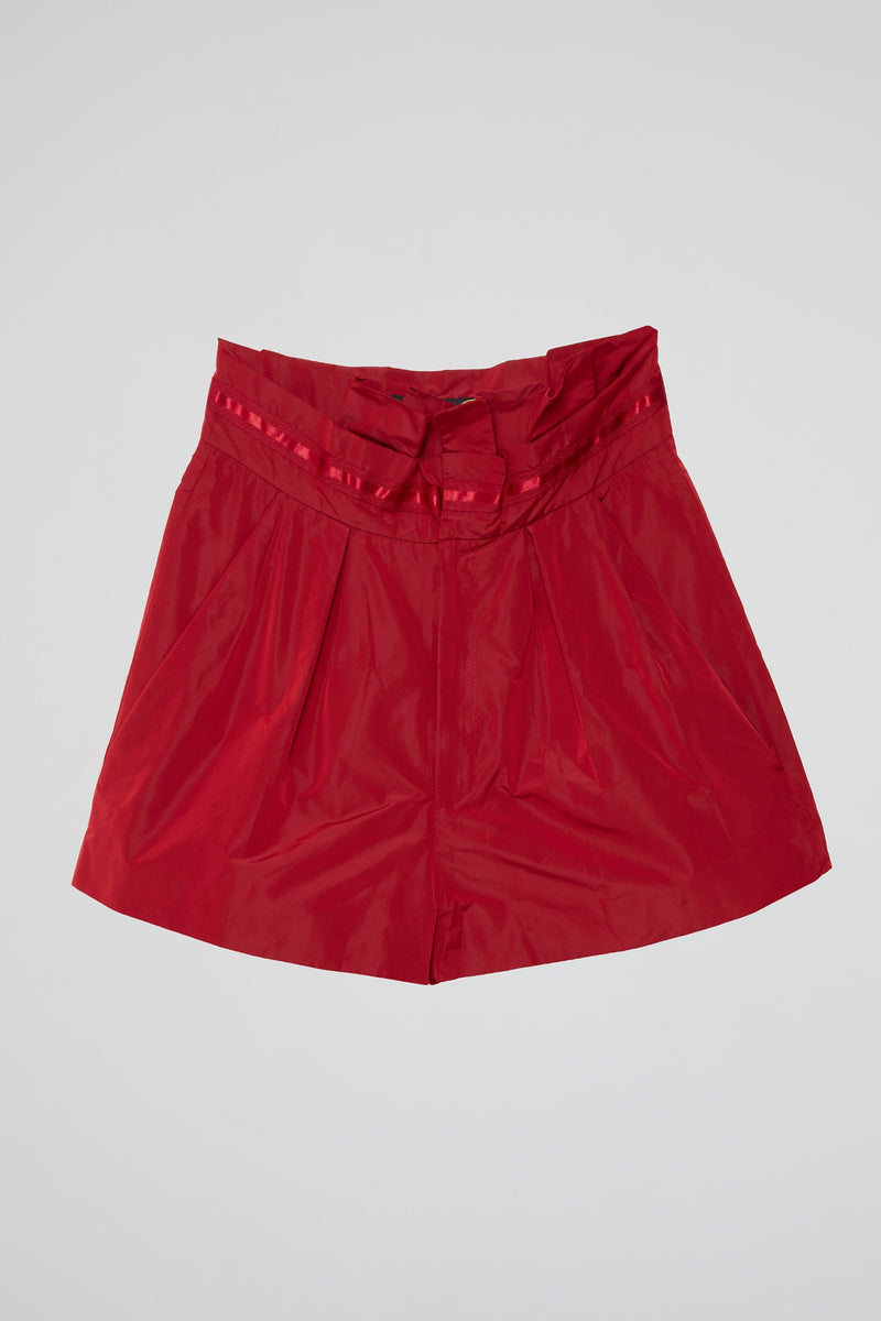 Red Satin High-Waisted Shorts with Bow Detail