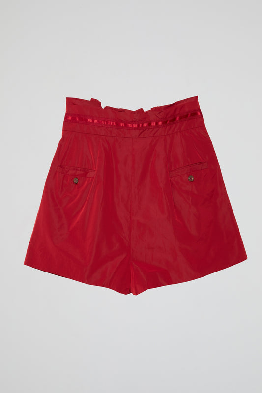 Red Satin High-Waisted Shorts with Bow Detail