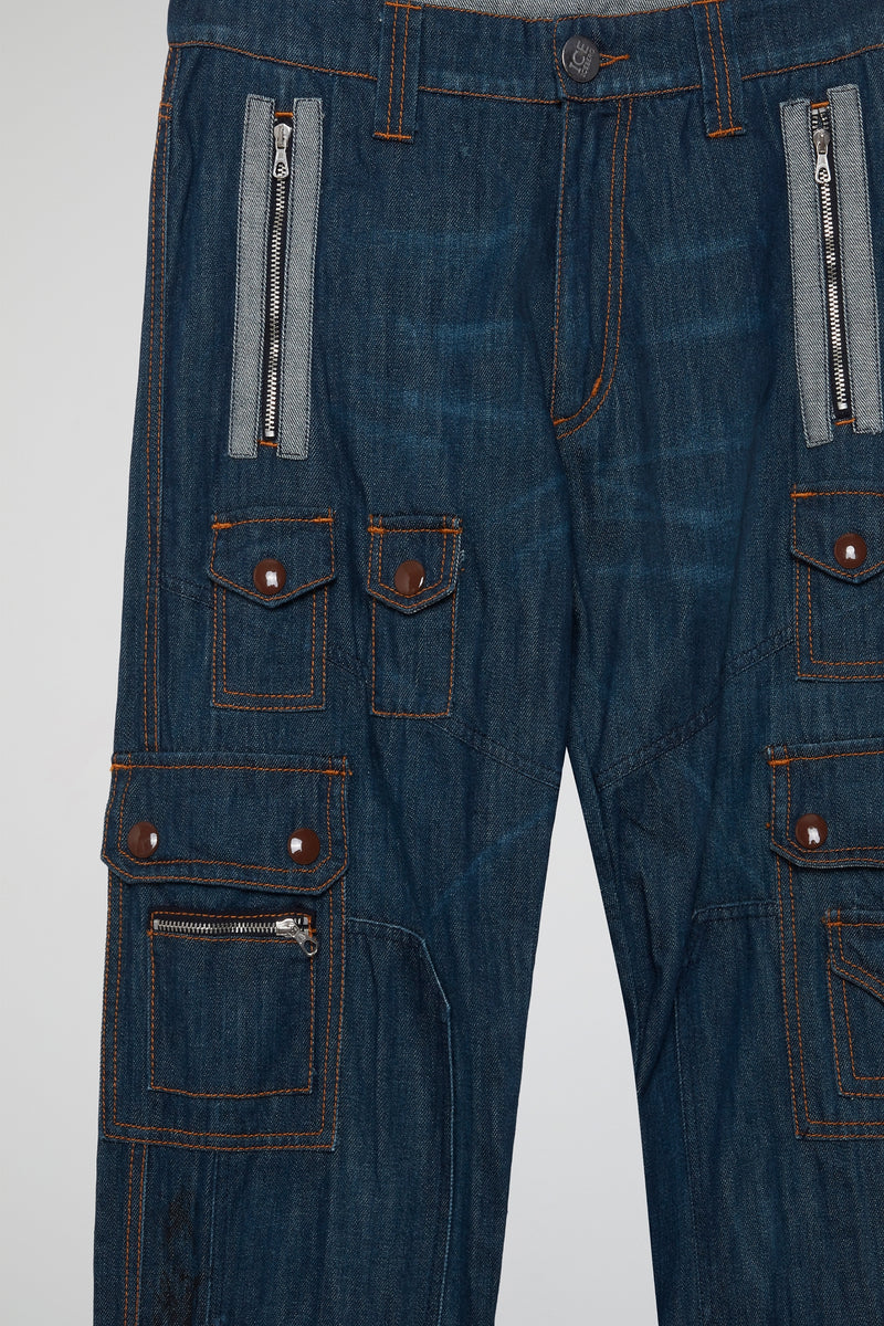 Blue Multi-Pocket Denim Cargo Pants