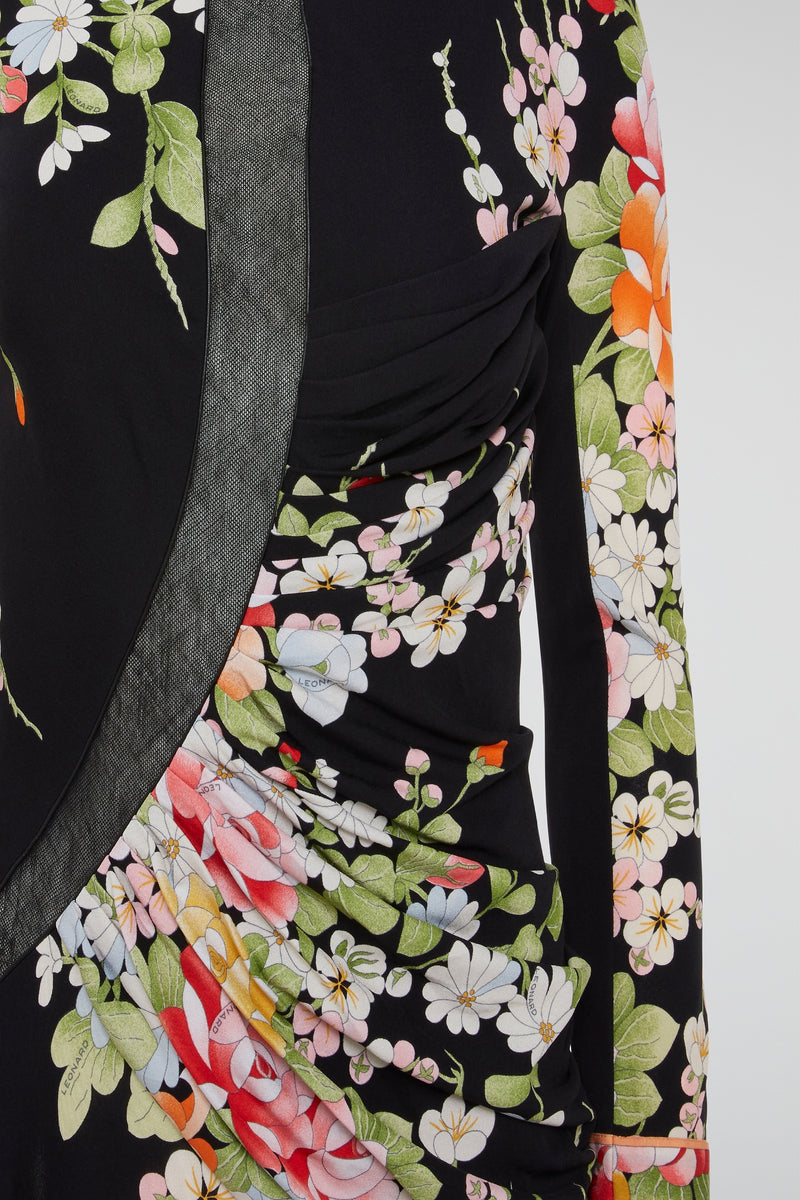 Black Floral Gown with Asymmetrical Detailing