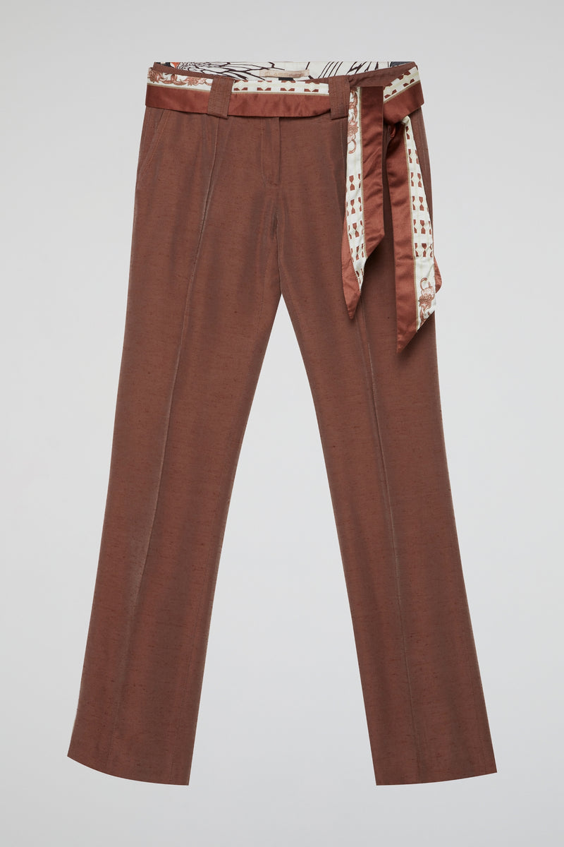 Brown Tailored Trousers with Silk Scarf Belt