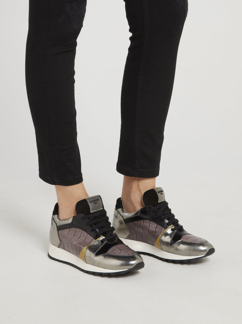 Silver Crocodile Panel Oversized Sneakers