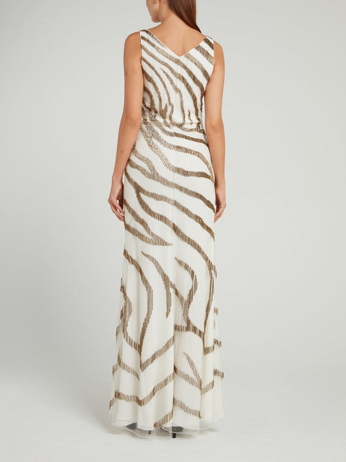 Beige Beadwork Zebra Effect Maxi Dress