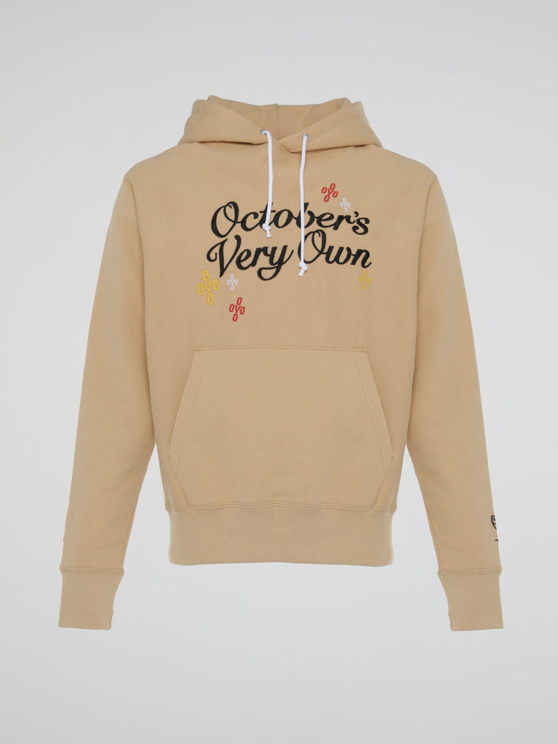 Beige Pompom Script Hooded Sweatshirt