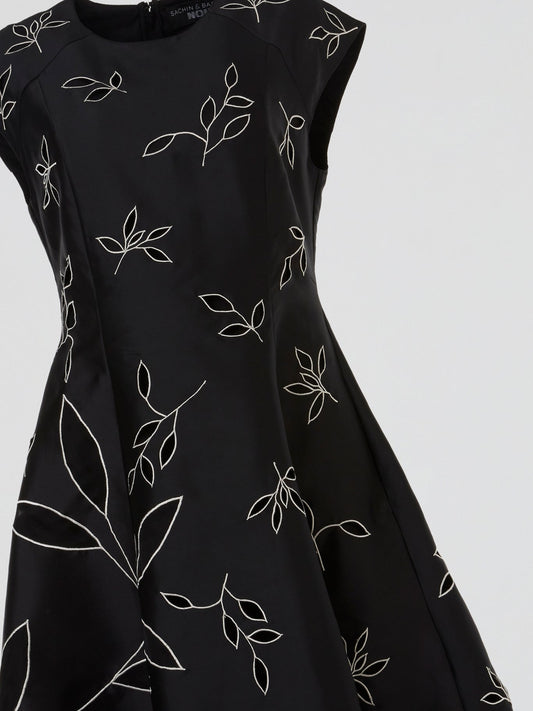 Black Botanical Embroidered Flare Midi