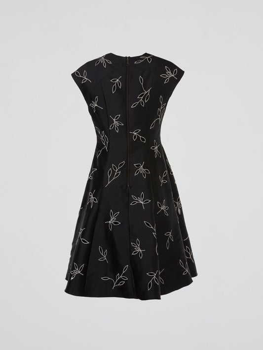 Black Botanical Embroidered Flare Midi