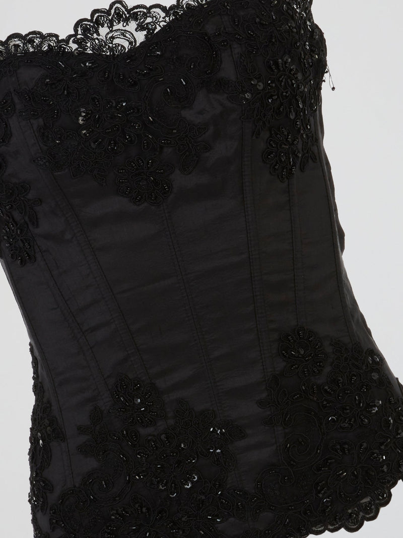 Black Floral Embellished Corset Top