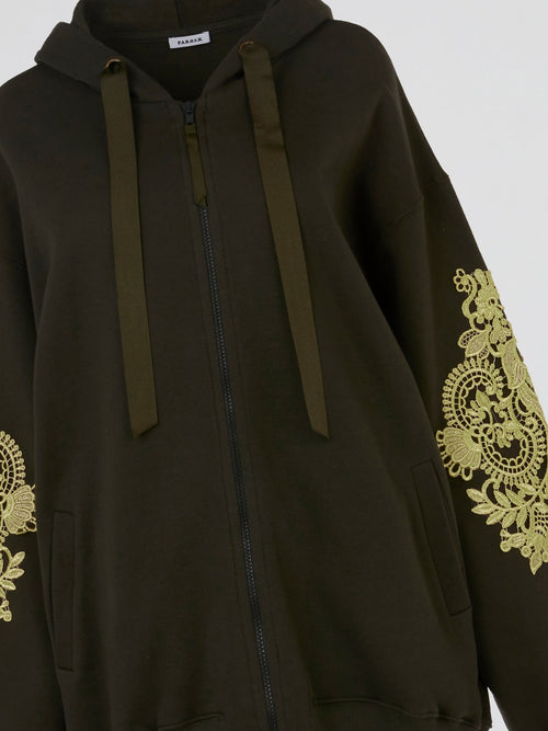 Olive Baroque Embroidered Full Zip Hoodie
