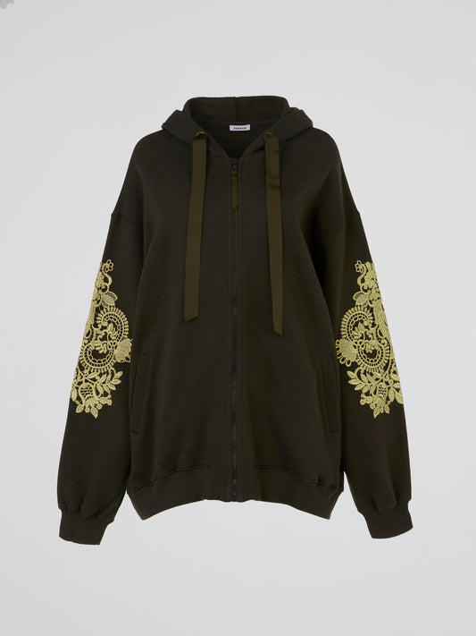 Olive Baroque Embroidered Full Zip Hoodie