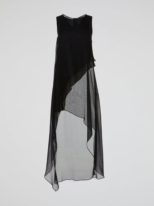 Black Sheer Layered Asymmetric Maxi Dress