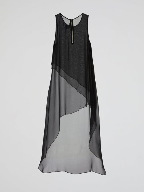 Black Sheer Layered Asymmetric Maxi Dress