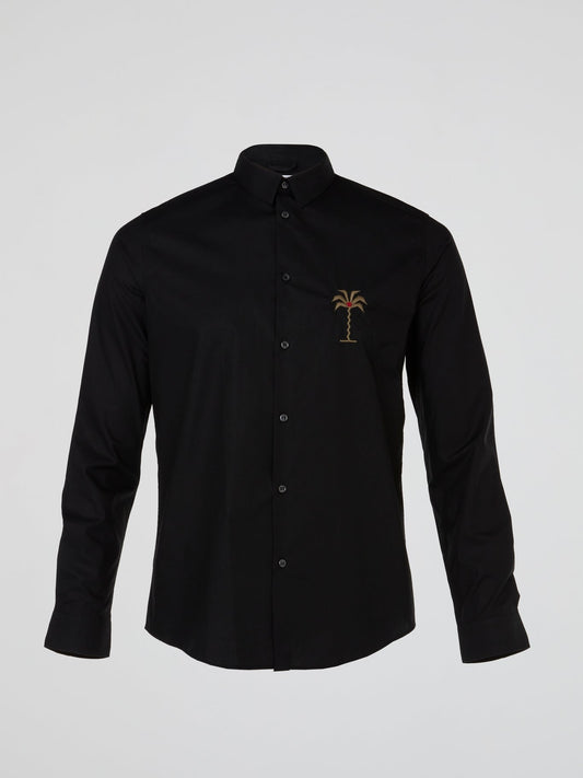 Black Palm Tree Embroidered Long Sleeve Shirt