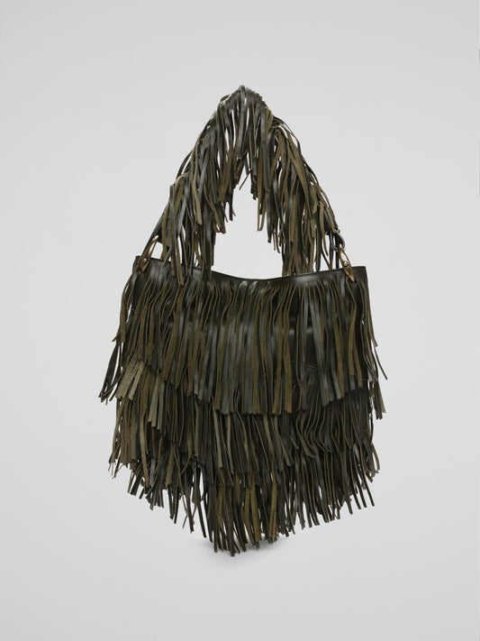 Green Olive Fringe Cascade Shoulder Bag
