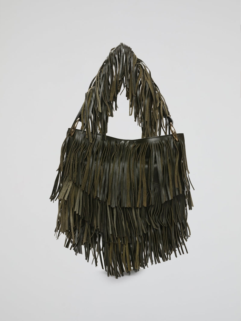 Green Olive Fringe Cascade Shoulder Bag