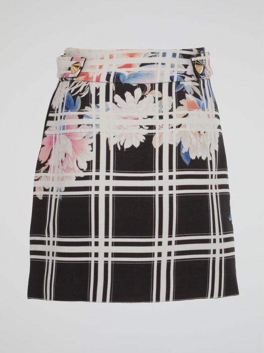 Floral Print Plaid Skirt