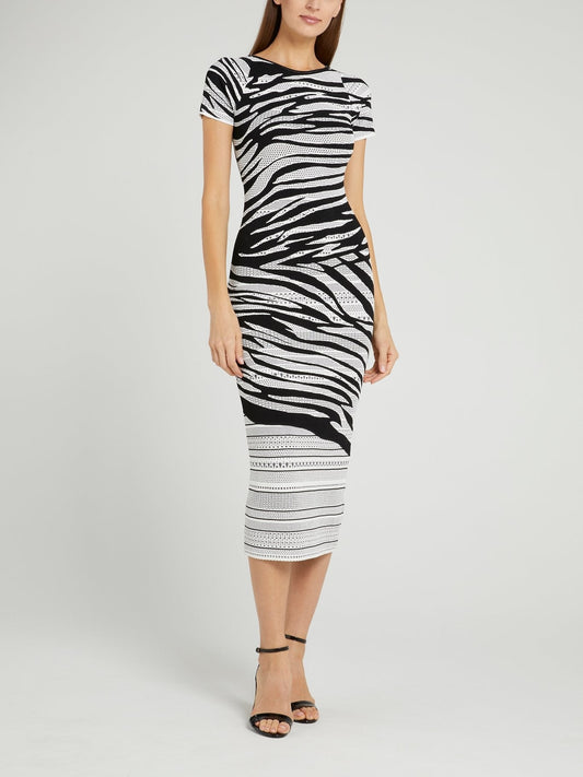 White Animal Print Perforated Midi Dress