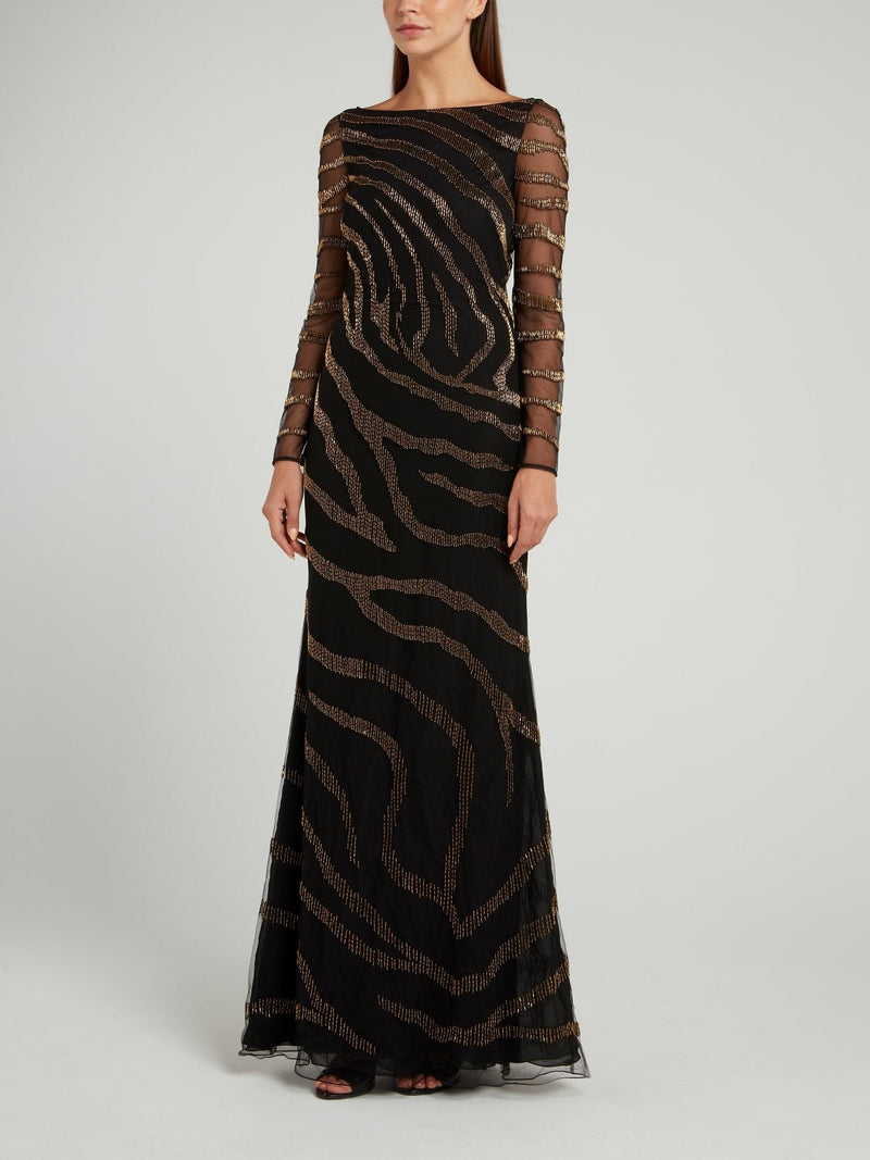 Black Beadwork Bateau Maxi Dress