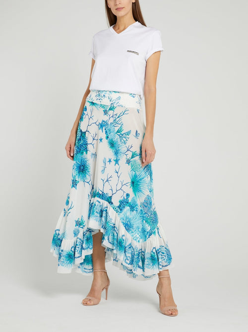 Ocean Print Frill Hem Skirt