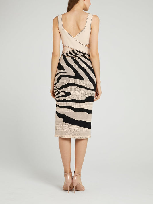 Beige Zebra Effect Perforated Dress