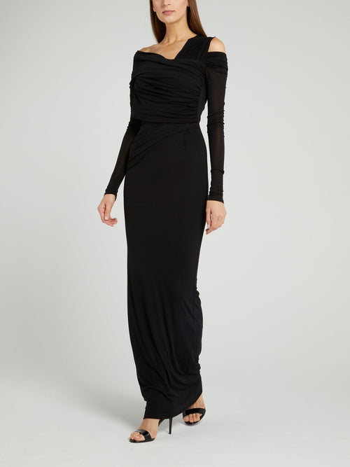 Black Ruched Cold Shoulder Maxi Dress