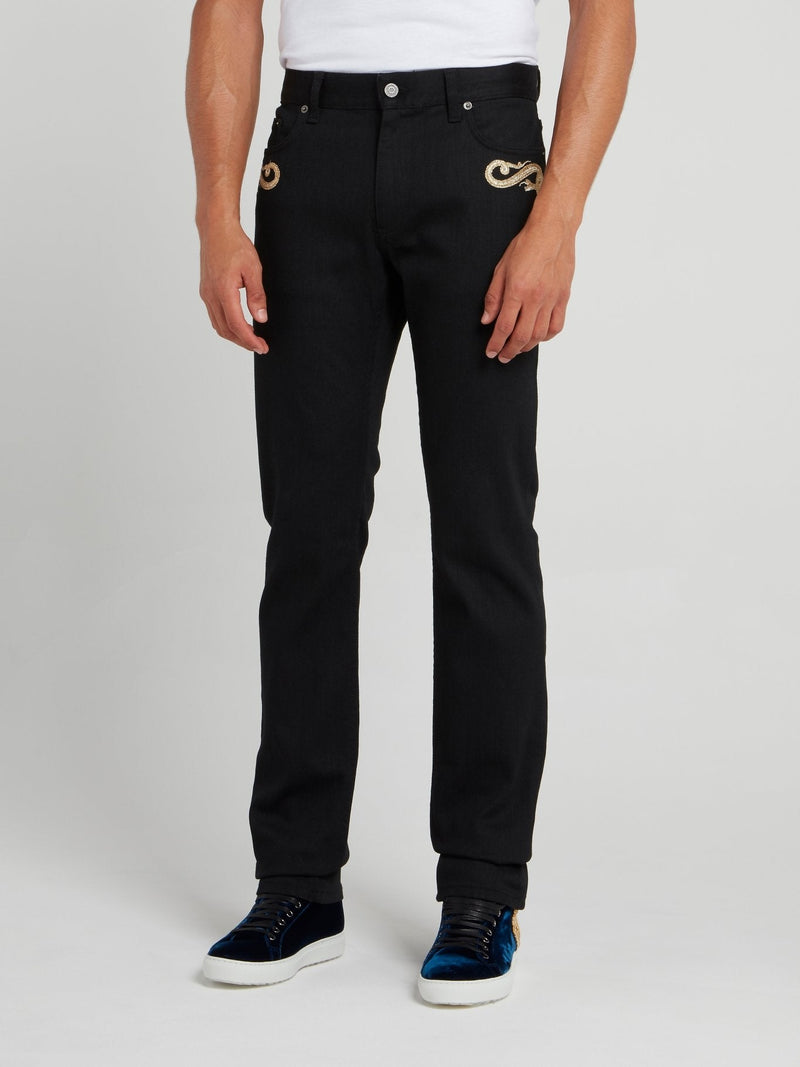 Black Snake Embroidered Jeans