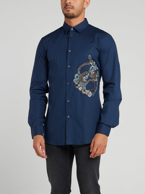 Navy Embroidered Long Sleeve Shirt