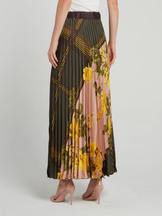 Olive Check Floral Pleated Maxi Skirt