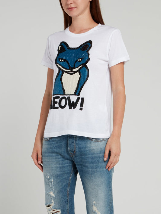 White Sequin Embellished Cat T-Shirt