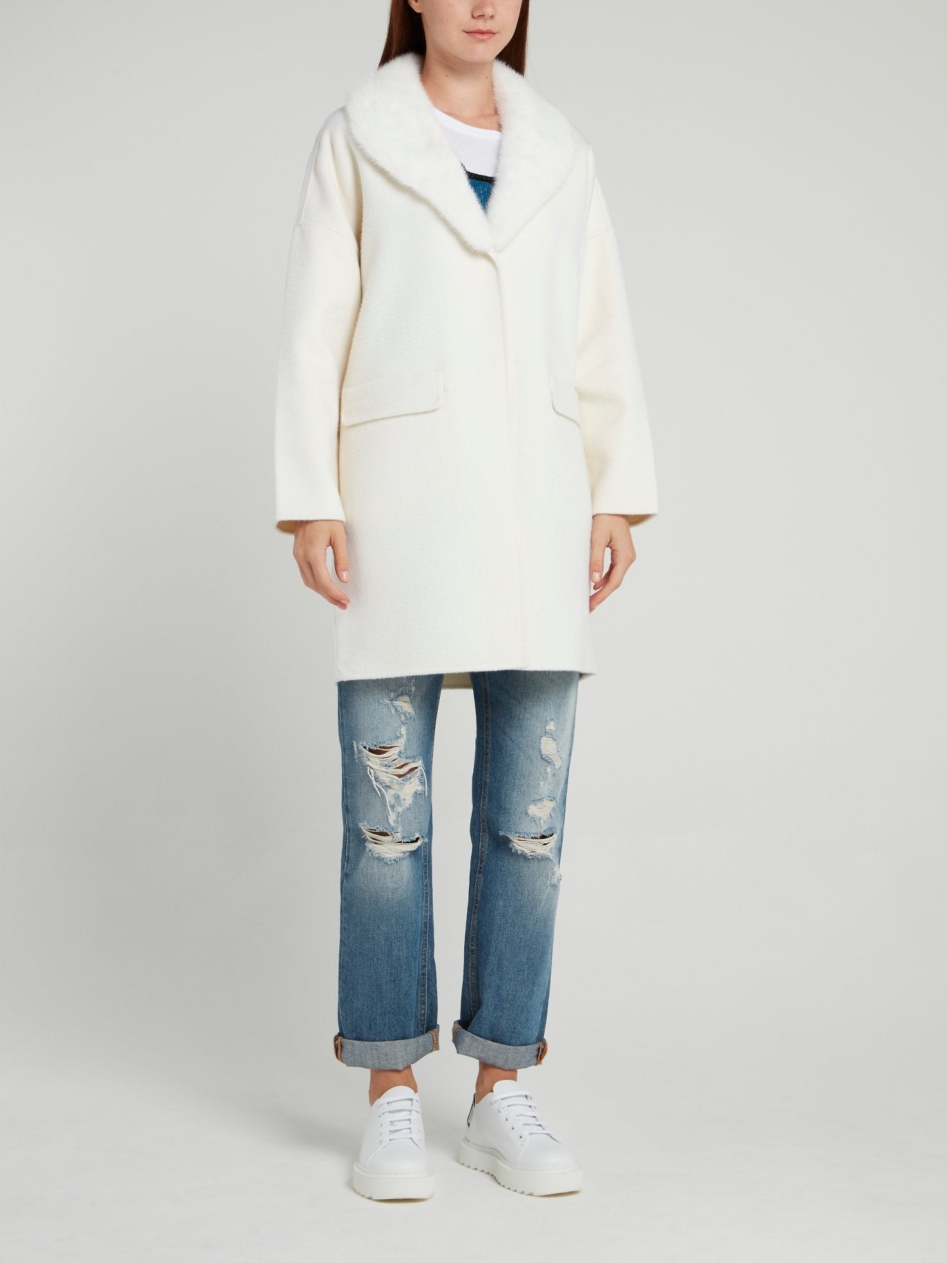 White Fur Neck Wool Coat