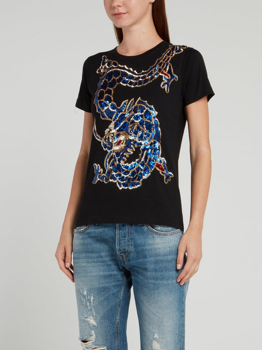 Black Embellished Dragon Cotton T-Shirt