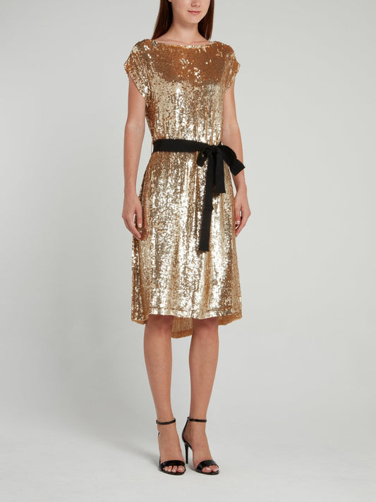 Gold Sequin Bateau Midi Dress