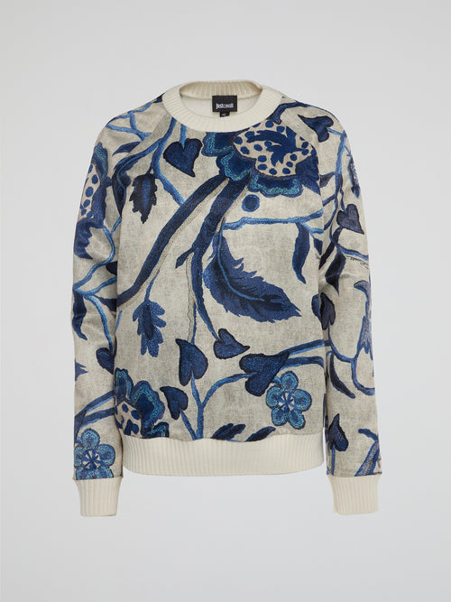 Blue Bloom Embroidered Knit Sweater