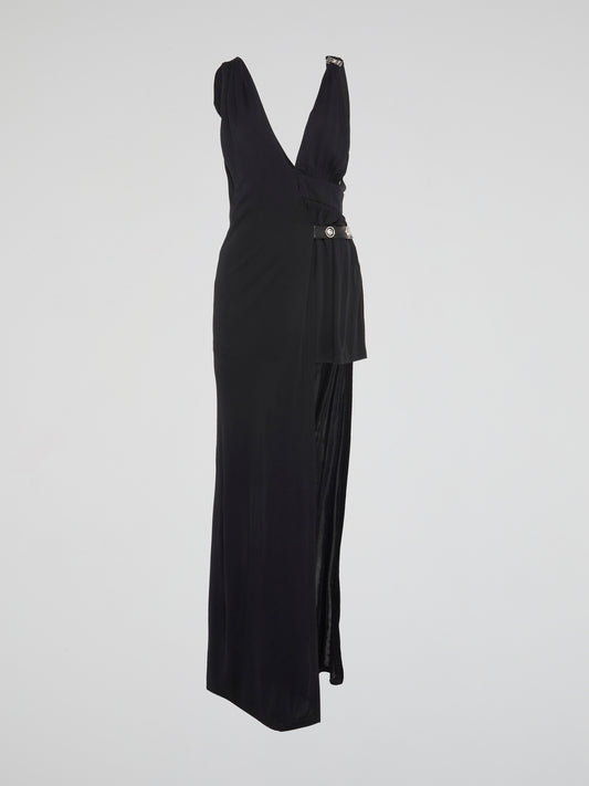 Black Plunge Gown with Draped Side Detail