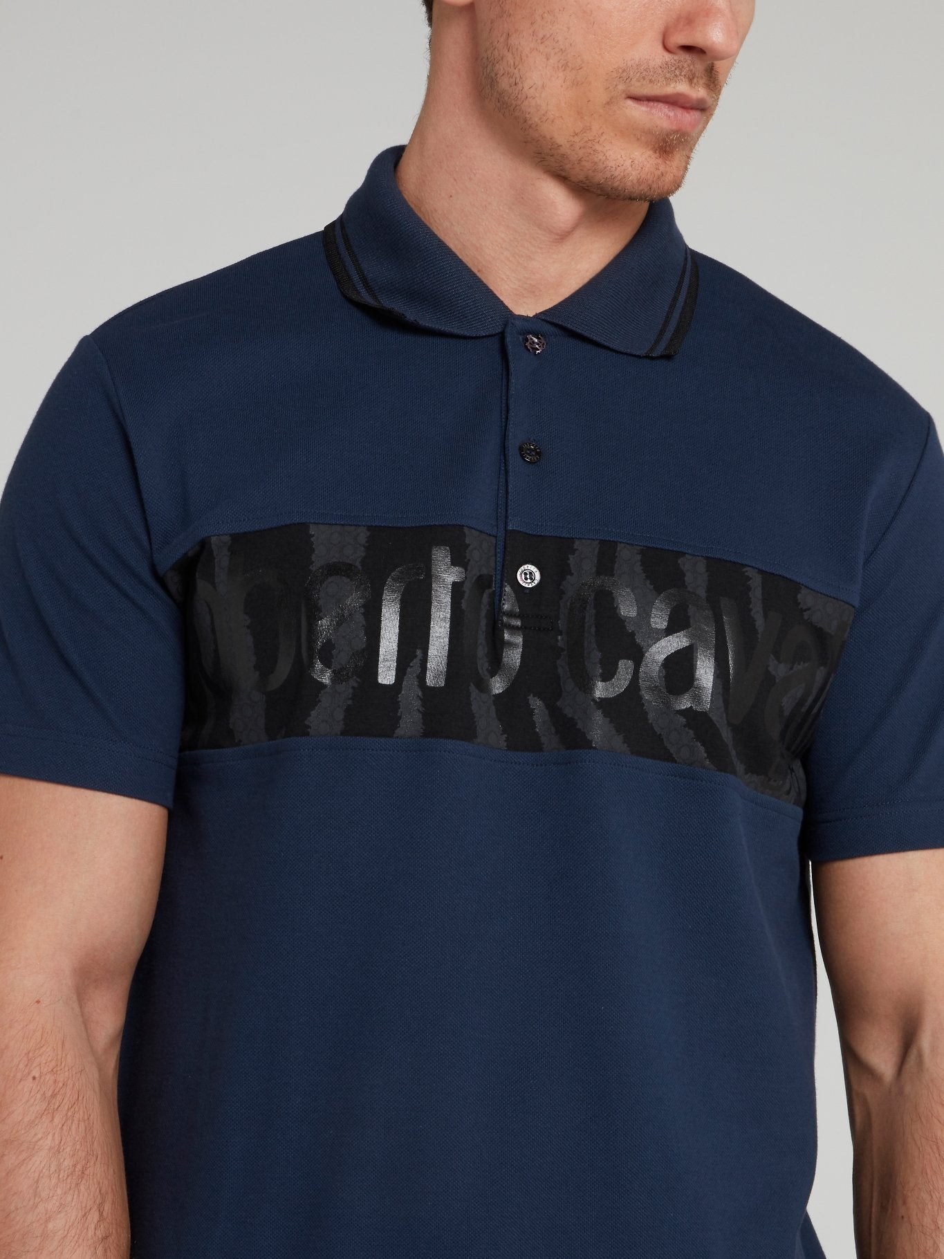 Navy Leopar Logo Panel Polo Shirt