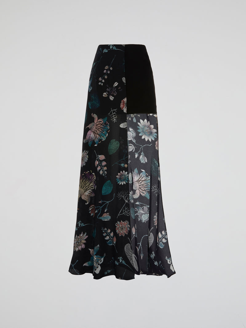 Black Botanical Print Maxi Skirt