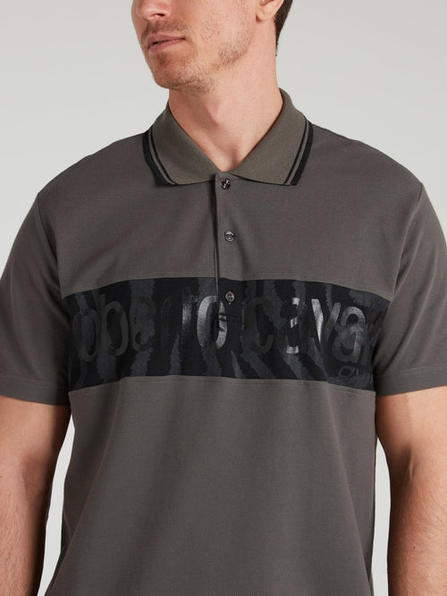 Grey Tiger Print Panel Polo Shirt