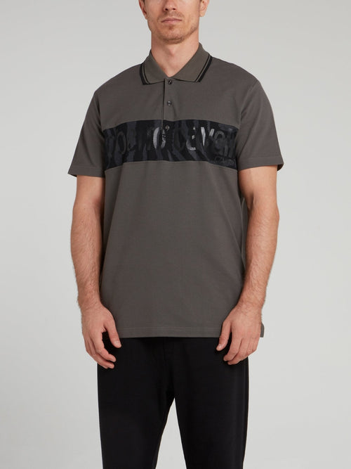 Grey Tiger Print Panel Polo Shirt