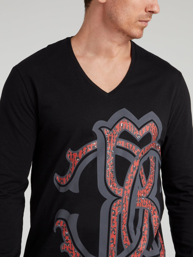 Black Long Sleeve V-Neck Logo Shirt